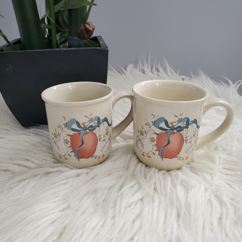 International Stoneware Vintage Japan Ducks with Fruit Motif Mug Set
